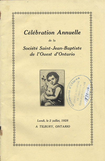c&eacute;l&eacute;bration annuelle de la Soci&eacute;t&eacute; Saint-Jean-Baptiste de l'Ouest d'Ontario (1928)