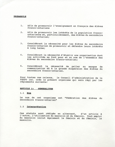 Constitution de la F&eacute;d&eacute;ration des &eacute;l&egrave;ves du secondaire franco-ontarien 