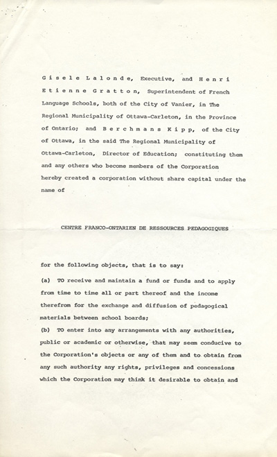 Lettres patentes du Centre franco-ontarien de ressources p&eacute;dagogiques
