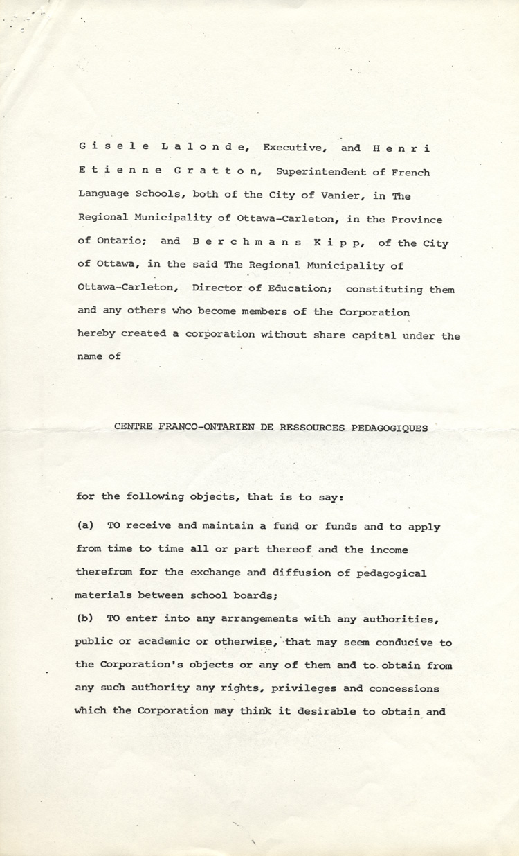 Lettres patentes du Centre franco-ontarien de ressources p&eacute;dagogiques