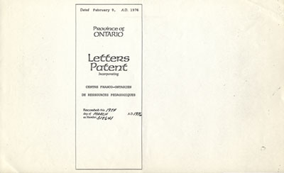 Lettres patentes du Centre franco-ontarien de ressources p&eacute;dagogiques