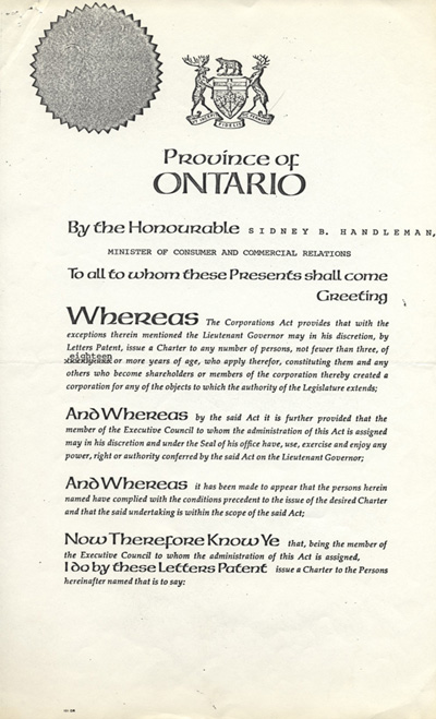 Lettres patentes du Centre franco-ontarien de ressources p&eacute;dagogiques