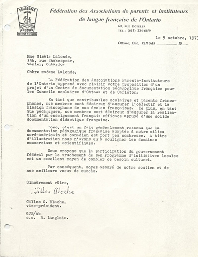 Lettre de Gilles G. Blache &agrave; Gis&egrave;le Lalonde