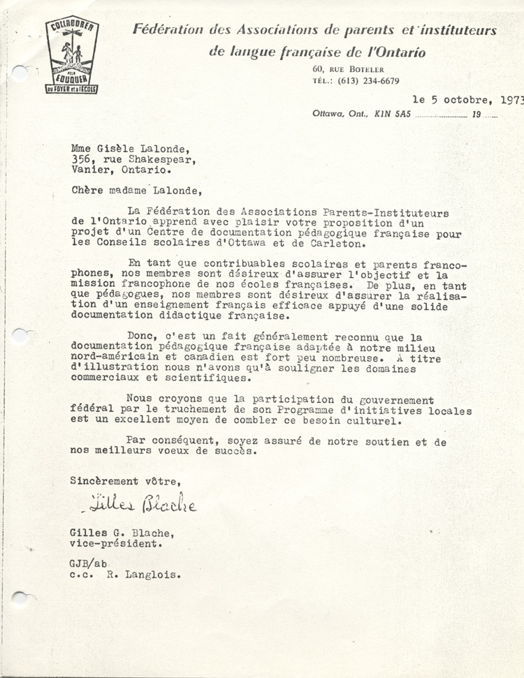 Lettre de Gilles G. Blache &agrave; Gis&egrave;le Lalonde