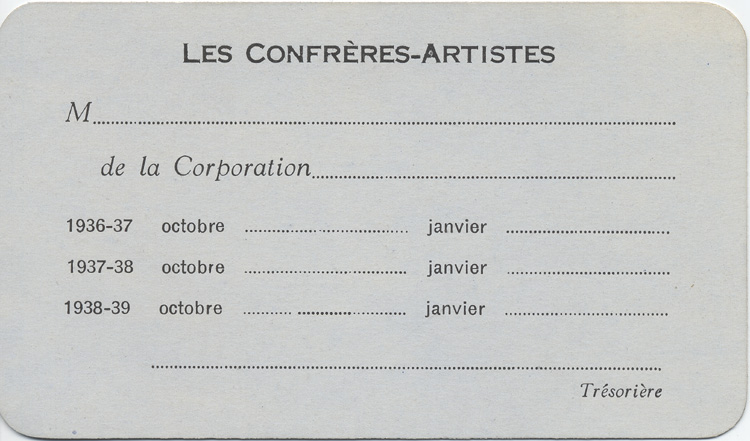 Carte de membre de L'Association des confr&egrave;res-artistes du Caveau (1951)