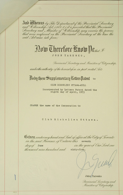 Lettres patentes additionnelles du club Richelieu Ottawa-Hull, 1965