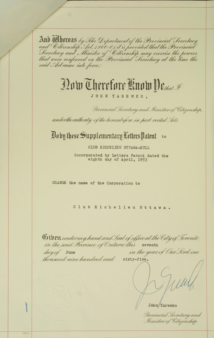 Lettres patentes additionnelles du club Richelieu Ottawa-Hull, 1965