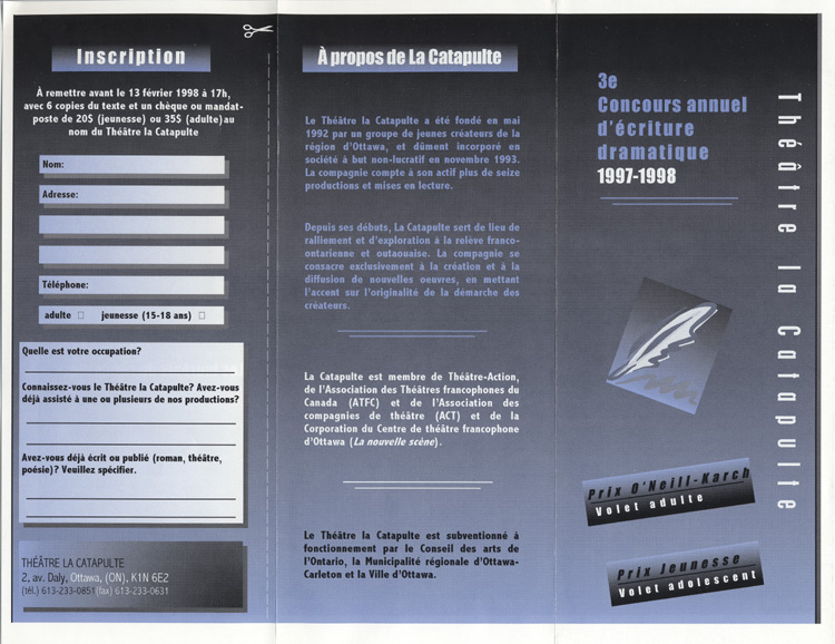 R&egrave;glements et fiche d'inscription au Concours annuel d'&eacute;criture dramatique  (1997)