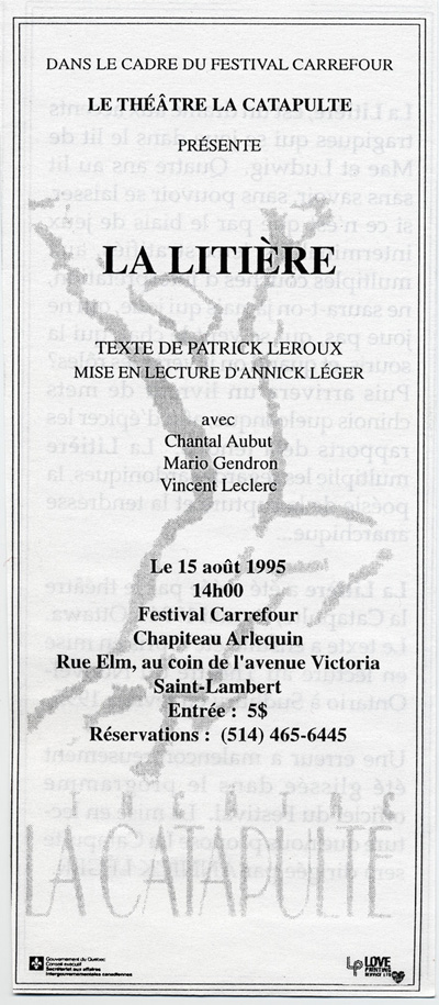 Publicit&eacute; de la mise en lecture par Annick L&eacute;ger de la pi&egrave;ce La Liti&egrave;re (1985)