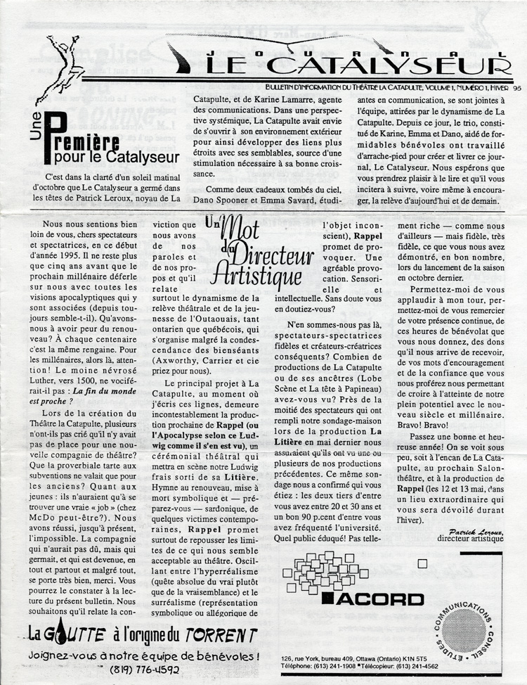 Premier num&eacute;ro du bulletin de liaison Le Catalyseur  (1995)