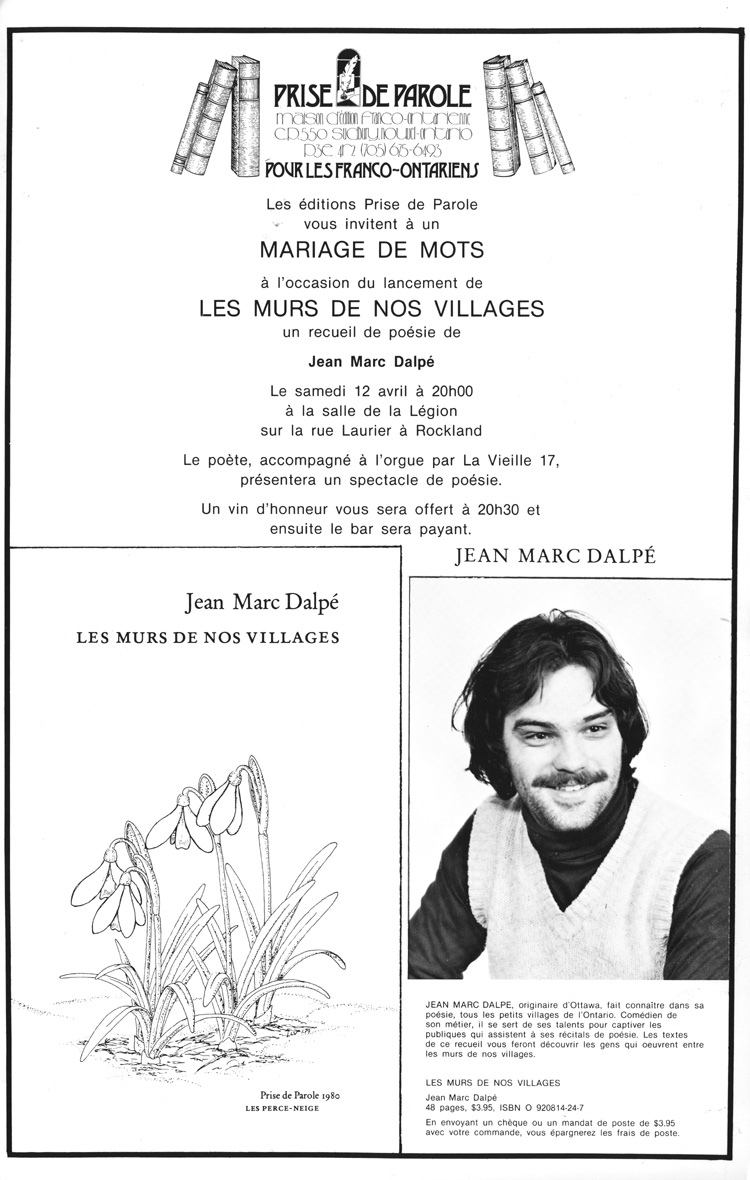 Affiche du lancement du recueil de po&eacute;sie de Jean-Marc Dalp&eacute;
