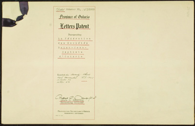 Reproduction de la page de titre des lettres patentes de la F&eacute;d&eacute;ration des soci&eacute;t&eacute;s Saint-Jean-Baptiste de l'Ontario, 23 novembre 1955
