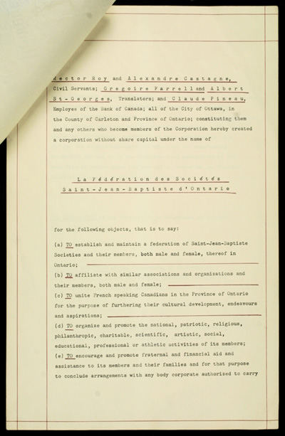 Reproduction de la deuxi&egrave;me page des lettres patentes de la F&eacute;d&eacute;ration des soci&eacute;t&eacute;s Saint-Jean-Baptiste de l'Ontario, 21 octobre 1955