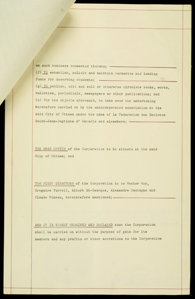 Reproduction de la troisi&egrave;me page des lettres patentes de la F&eacute;d&eacute;ration des soci&eacute;t&eacute;s Saint-Jean-Baptiste de l'Ontario, 21 octobre 1955