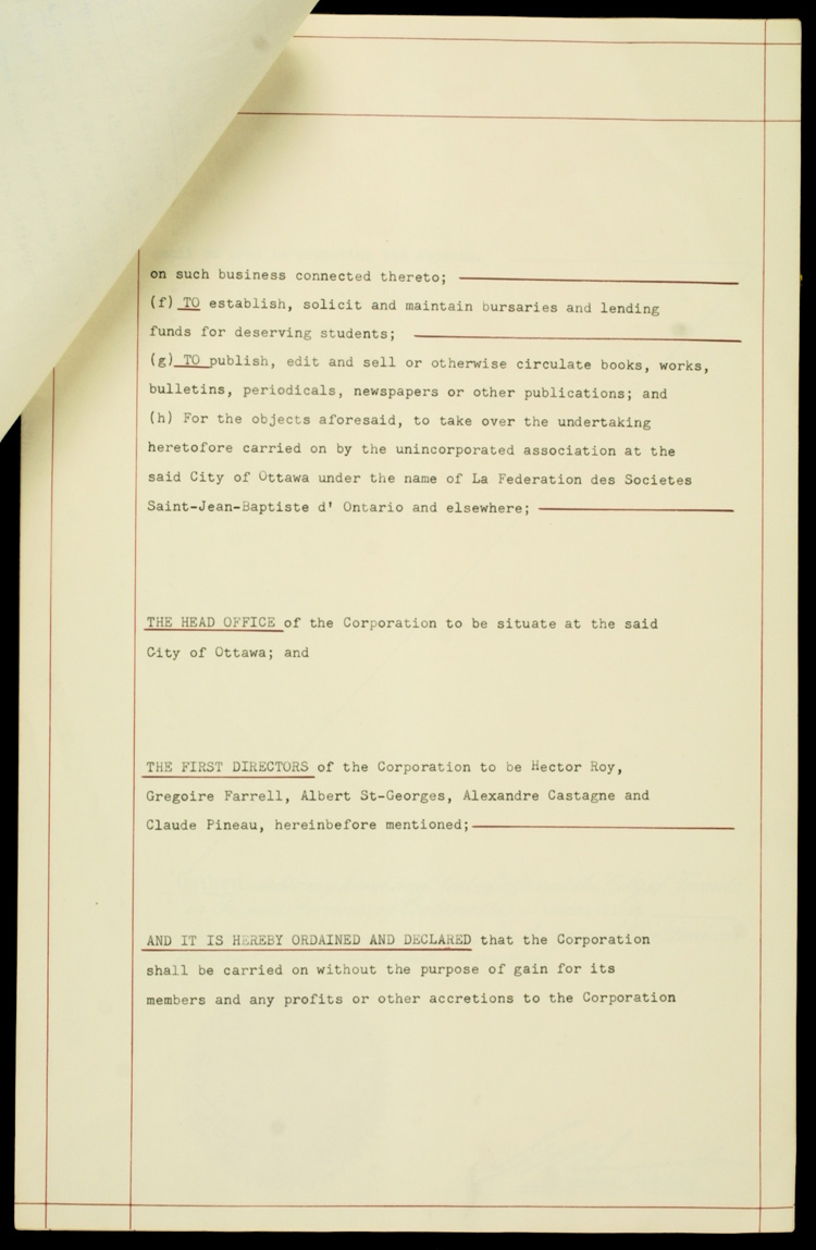 Reproduction de la troisi&egrave;me page des lettres patentes de la F&eacute;d&eacute;ration des soci&eacute;t&eacute;s Saint-Jean-Baptiste de l'Ontario, 21 octobre 1955