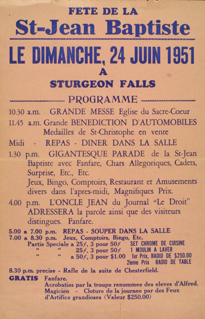 Reproduction d'une affiche des activit&eacute;s de la Saint-Jean-Baptiste &agrave; Sturgeon Falls (Ontario), le 24 juin 1951, 1951.