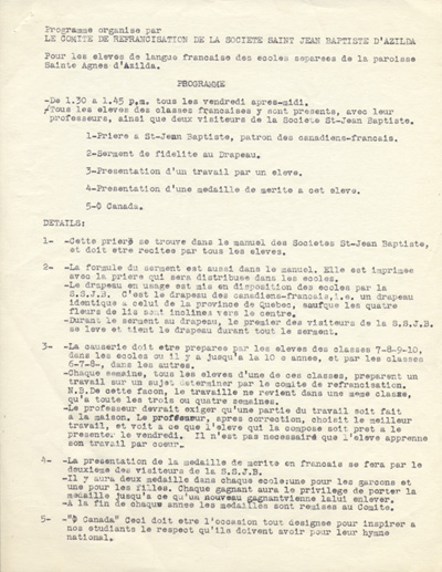 Reproduction de la premi&egrave;re page du programme du Comit&eacute; de refrancisation de la Soci&eacute;t&eacute; Saint-Jean-Baptiste d'Azilda (Ontario), 1957.