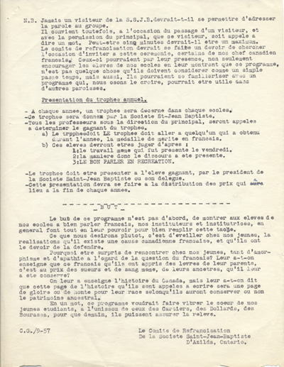 Reproduction de la deuxi&egrave;me page du programme du Comit&eacute; de refrancisation de la Soci&eacute;t&eacute; Saint-Jean-Baptiste d'Azilda (Ontario), 1957.