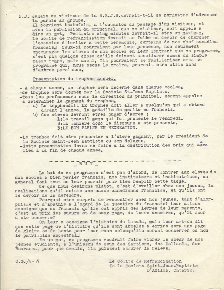 Reproduction de la deuxi&egrave;me page du programme du Comit&eacute; de refrancisation de la Soci&eacute;t&eacute; Saint-Jean-Baptiste d'Azilda (Ontario), 1957.