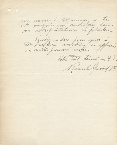 Reproduction de la deuxi&egrave;me page d'une lettre de remerciement du pr&ecirc;tre Raoul Guibord, au sujet de la f&ecirc;te de Saint-Jean-Baptiste, 7 juillet 1928.