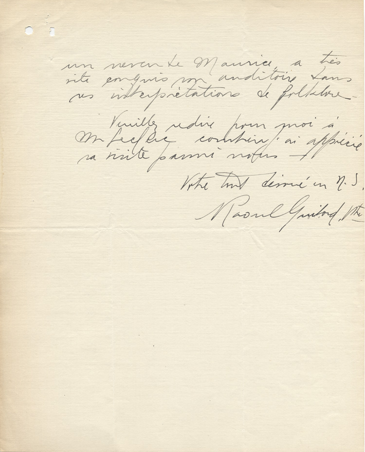 Reproduction de la deuxi&egrave;me page d'une lettre de remerciement du pr&ecirc;tre Raoul Guibord, au sujet de la f&ecirc;te de Saint-Jean-Baptiste, 7 juillet 1928.