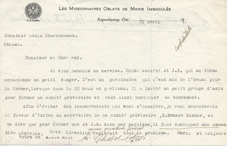 Reproduction d'une lettre de H. Chabot, pr&ecirc;tre &agrave; Kapuskasing, &agrave; Louis Charbonneau, 12 avril 1940.