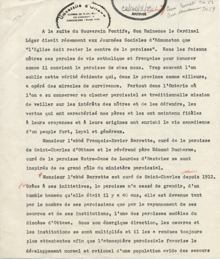 Reproduction de la premi&egrave;re page de l'allocution prononc&eacute;e lors de la remise, par l'Association canadienne-fran&ccedil;aise d'&eacute;ducation d'Ontario, de l'Ordre du m&eacute;rite scolaire franco-ontarien aux cur&eacute;s Fran&ccedil;ois-Xavier Barrette et Edmond Ducharme, ca 1958.
