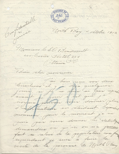 Reproduction de la premi&egrave;re page d'une lettre de Lionel S&eacute;guin, pr&ecirc;tre, &agrave; Charles Sim&eacute;on Omer Boudreault de l'Association canadienne-fran&ccedil;aise d'&eacute;ducation d'Ontario, 14 octobre 1912.