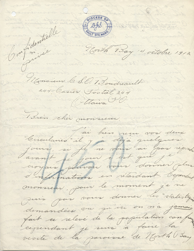 Reproduction de la premi&egrave;re page d'une lettre de Lionel S&eacute;guin, pr&ecirc;tre, &agrave; Charles Sim&eacute;on Omer Boudreault de l'Association canadienne-fran&ccedil;aise d'&eacute;ducation d'Ontario, 14 octobre 1912.