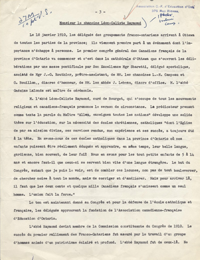 Reproduction de la premi&egrave;re page du communiqu&eacute; de presse de l'Association canadienne-fran&ccedil;aise d'&eacute;ducation d'Ontario &agrave; l'occasion de la nomination de L&eacute;on-Calixte Raymond au titre de chanoine, 1936.