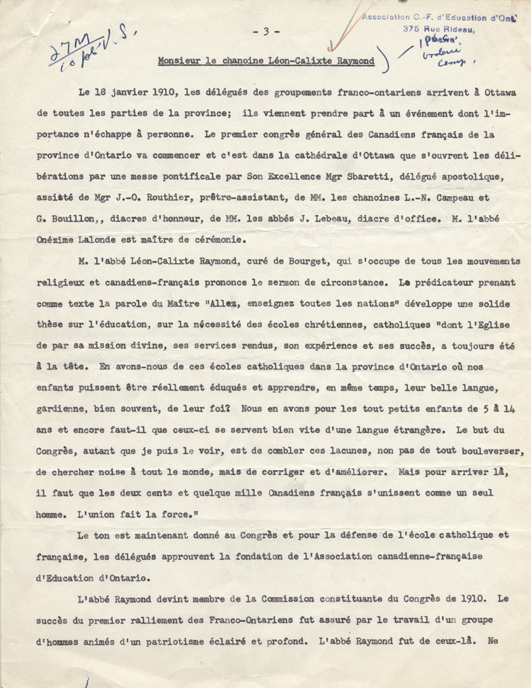 Reproduction de la premi&egrave;re page du communiqu&eacute; de presse de l'Association canadienne-fran&ccedil;aise d'&eacute;ducation d'Ontario &agrave; l'occasion de la nomination de L&eacute;on-Calixte Raymond au titre de chanoine, 1936.
