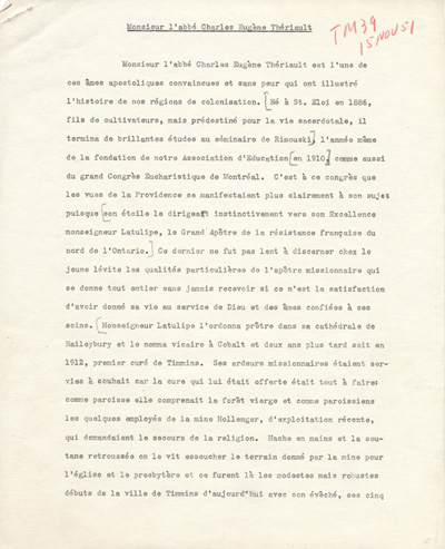 Reproduction de la premi&egrave;re page de l'allocution prononc&eacute;e lors de la remise, par l'Association canadienne-fran&ccedil;aise d'&eacute;ducation d'Ontario, de l'Ordre du m&eacute;rite scolaire franco-ontarien &agrave; l'abb&eacute; Charles-Eug&egrave;ne Th&eacute;riault, ca 1951.