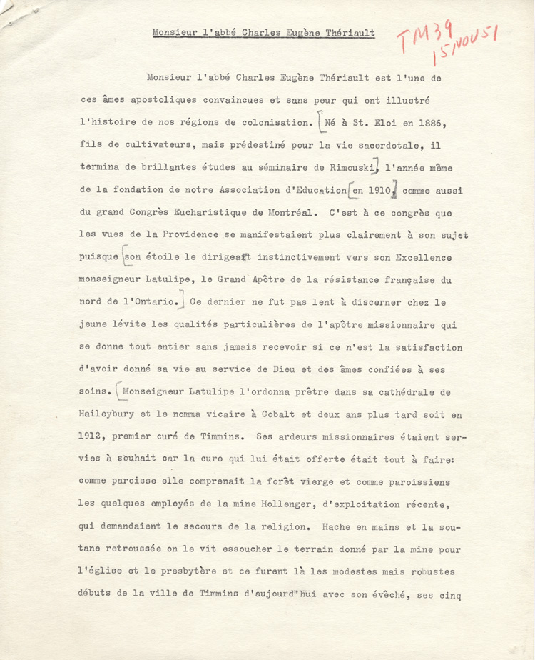 Reproduction de la premi&egrave;re page de l'allocution prononc&eacute;e lors de la remise, par l'Association canadienne-fran&ccedil;aise d'&eacute;ducation d'Ontario, de l'Ordre du m&eacute;rite scolaire franco-ontarien &agrave; l'abb&eacute; Charles-Eug&egrave;ne Th&eacute;riault, ca 1951.