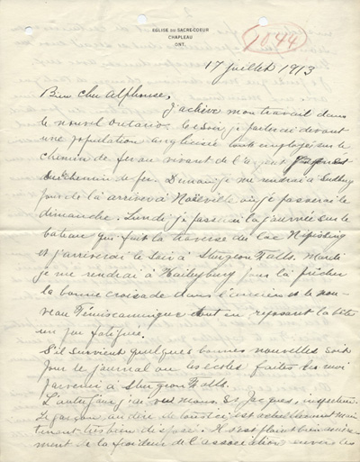 Reproduction de la premi&egrave;re page d'une lettre de Charles Charlebois, o.m.i., &agrave; Alphonse-T&eacute;lesphore Charron de l'Association canadienne-fran&ccedil;aise d'&eacute;ducation d'Ontario, 17 juillet 1913.