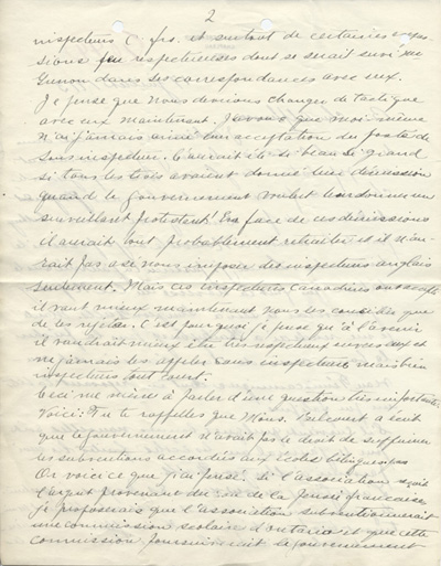 Reproduction de la deuxi&egrave;me page d'une lettre de Charles Charlebois, o.m.i., &agrave; Alphonse-T&eacute;lesphore Charron de l'Association canadienne-fran&ccedil;aise d'&eacute;ducation d'Ontario, 17 juillet 1913.