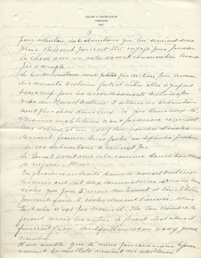 Reproduction de la troisi&egrave;me page d'une lettre de Charles Charlebois, o.m.i., &agrave; Alphonse-T&eacute;lesphore Charron de l'Association canadienne-fran&ccedil;aise d'&eacute;ducation d'Ontario, 17 juillet 1913.