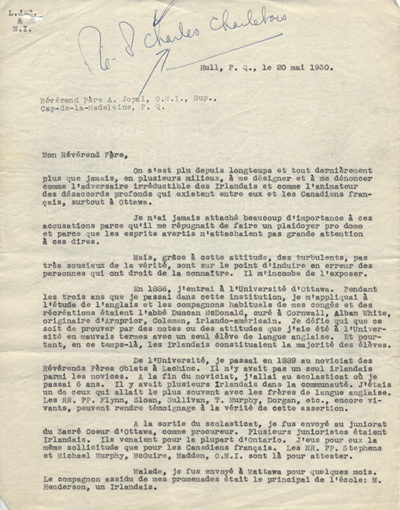 Reproduction de la premi&egrave;re page d'une lettre de Charles Charlebois, o.m.i., &agrave; Arthur Joyal, o.m.i., 20 mai 1930.