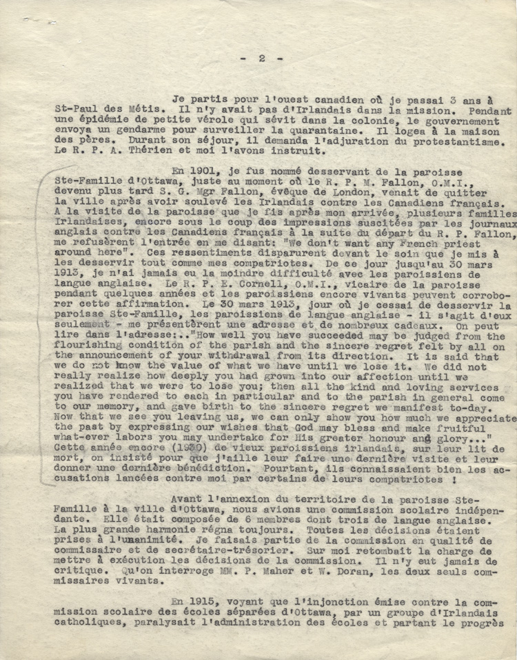 Reproduction de la deuxi&egrave;me page d'une lettre de Charles Charlebois, o.m.i., &agrave; Arthur Joyal, o.m.i., 20 mai 1930.