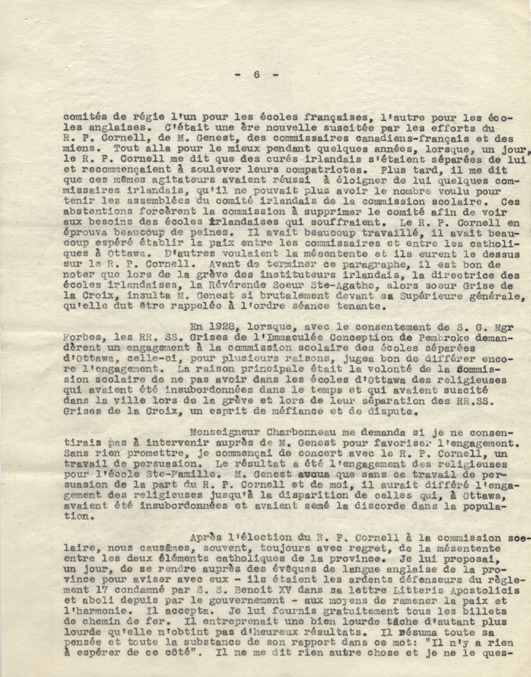 Reproduction de la sixi&egrave;me page d'une lettre de Charles Charlebois, o.m.i., &agrave; Arthur Joyal, o.m.i., 20 mai 1930.
