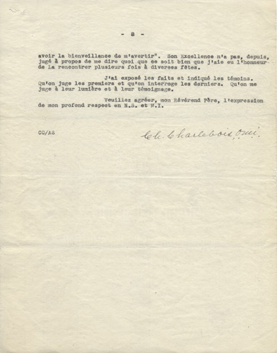 Reproduction de la huiti&egrave;me page d'une lettre de Charles Charlebois, o.m.i., &agrave; Arthur Joyal, o.m.i., 20 mai 1930.