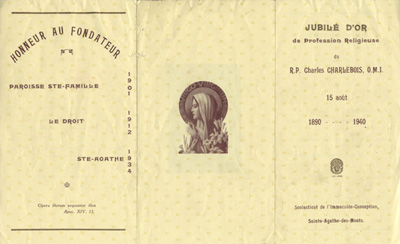 Reproduction de la deuxi&egrave;me page du programme du jubil&eacute; d'or de profession religieuse de Charles Charlebois, o.m.i., les 14 et 15 ao&ucirc;t 1940 au Scolasticat de l'Immacul&eacute;e-Conception, Sainte-Agathe-des-Monts, Qu&eacute;bec, 1940.