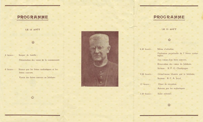 Reproduction de la deuxi&egrave;me page du programme du jubil&eacute; d'or de profession religieuse de Charles Charlebois, o.m.i., les 14 et 15 ao&ucirc;t 1940 au Scolasticat de l'Immacul&eacute;e-Conception, Sainte-Agathe-des-Monts, Qu&eacute;bec, 1940.