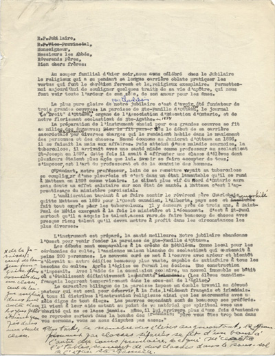 Reproduction de la premi&egrave;re page d'une allocution prononc&eacute;e lors du jubil&eacute; d'or de profession religieuse de Charles Charlebois, o.m.i., les 14 et 15 ao&ucirc;t 1940 au Scolasticat de l'Immacul&eacute;e-Conception, Sainte-Agathe-des-Monts, Qu&eacute;bec, 1940.