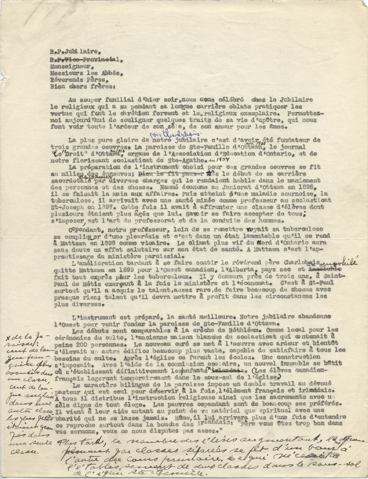 Reproduction de la premi&egrave;re page d'une allocution prononc&eacute;e lors du jubil&eacute; d'or de profession religieuse de Charles Charlebois, o.m.i., les 14 et 15 ao&ucirc;t 1940 au Scolasticat de l'Immacul&eacute;e-Conception, Sainte-Agathe-des-Monts, Qu&eacute;bec, 1940.