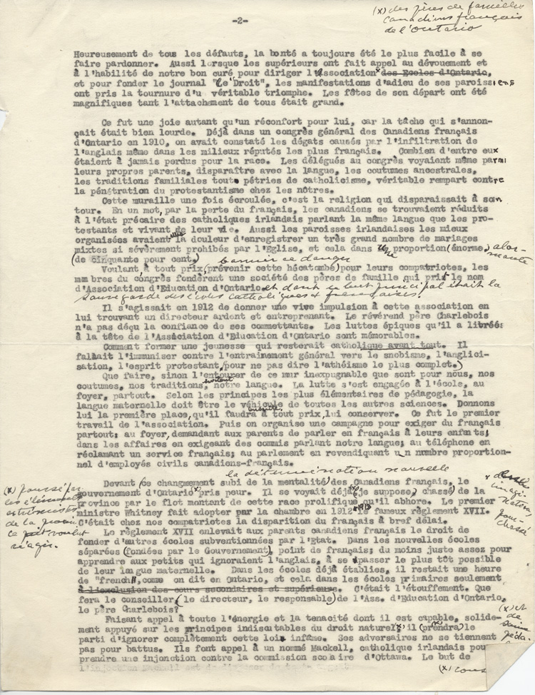 Reproduction de la deuxi&egrave;me page d'une allocution prononc&eacute;e lors du jubil&eacute; d'or de profession religieuse de Charles Charlebois, o.m.i., les 14 et 15 ao&ucirc;t 1940 au Scolasticat de l'Immacul&eacute;e-Conception, Sainte-Agathe-des-Monts, Qu&eacute;bec, 1940.