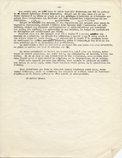Reproduction de la quatri&egrave;me page d'une allocution prononc&eacute;e lors du jubil&eacute; d'or de profession religieuse de Charles Charlebois, o.m.i., les 14 et 15 ao&ucirc;t 1940 au Scolasticat de l'Immacul&eacute;e-Conception, Sainte-Agathe-des-Monts, Qu&eacute;bec, 1940.