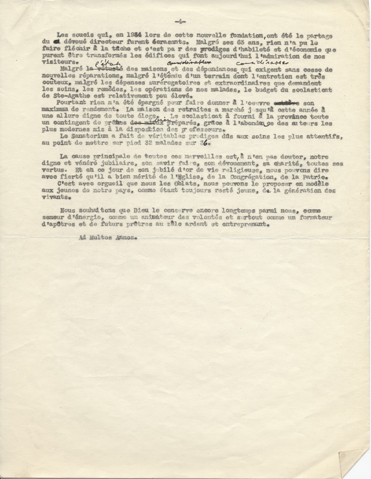 Reproduction de la quatri&egrave;me page d'une allocution prononc&eacute;e lors du jubil&eacute; d'or de profession religieuse de Charles Charlebois, o.m.i., les 14 et 15 ao&ucirc;t 1940 au Scolasticat de l'Immacul&eacute;e-Conception, Sainte-Agathe-des-Monts, Qu&eacute;bec, 1940.