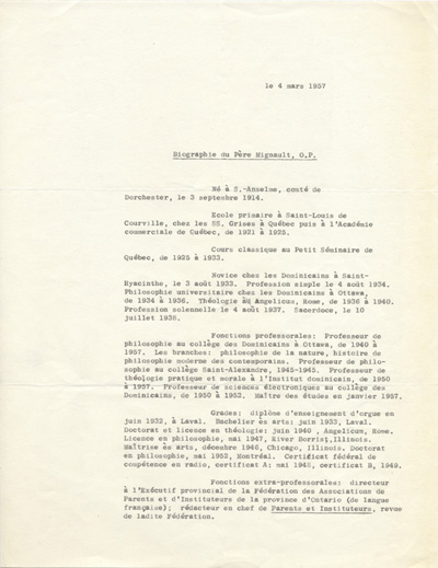 Reproduction d'une biographie du p&egrave;re Richard Migneault, o.p., 4 mars 1957.