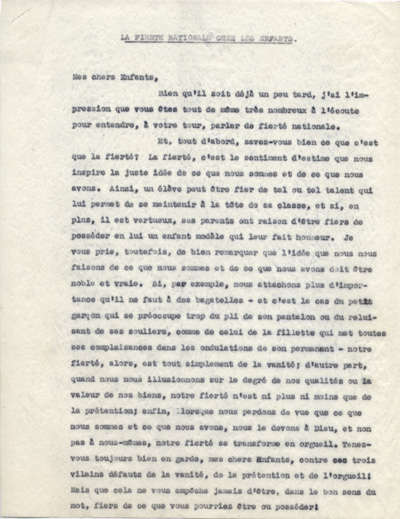 Reproduction de la premi&egrave;re page d'une allocution de Arthur Joyal, o.m.i., intitul&eacute;e La fiert&eacute; nationale chez les enfants, ca 1942.