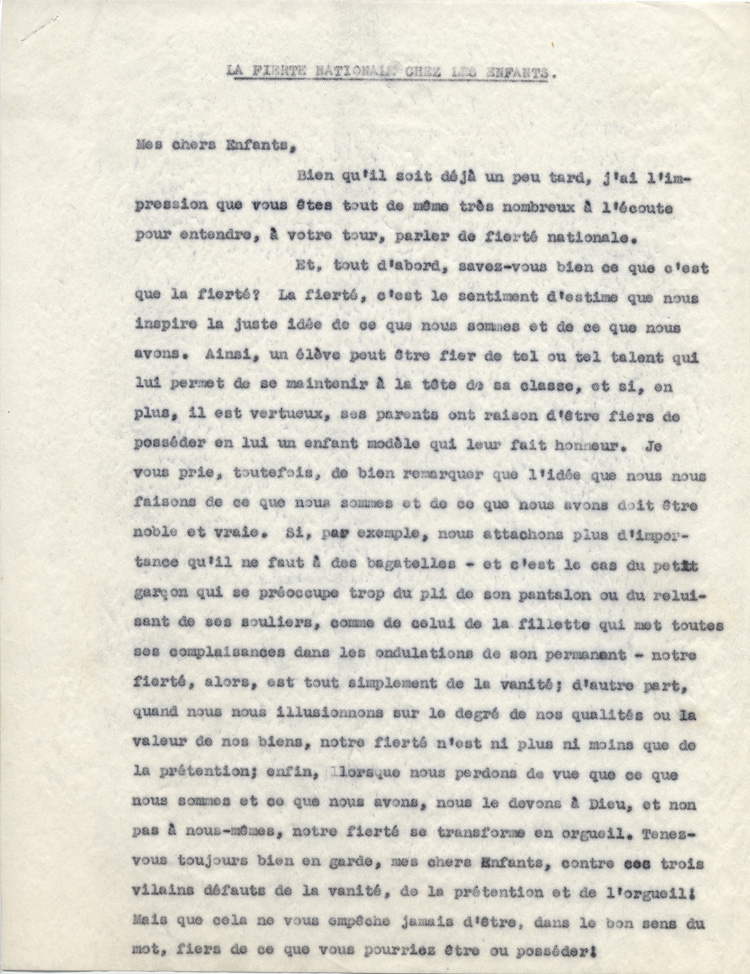 Reproduction de la premi&egrave;re page d'une allocution de Arthur Joyal, o.m.i., intitul&eacute;e La fiert&eacute; nationale chez les enfants, ca 1942.